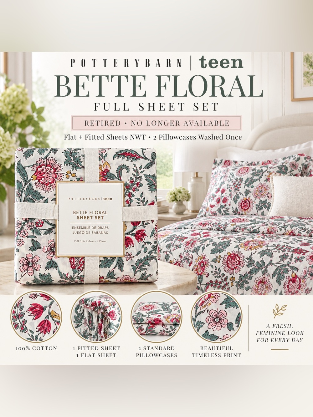 Pottery Barn Teen Bette Floral Full Sheet Set - Pink, Green, Cream | Retired
